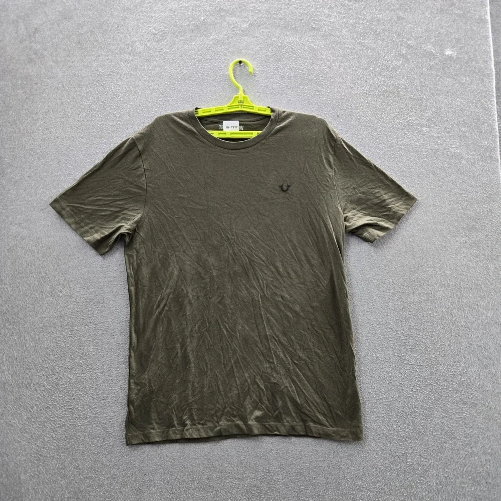 True Religion Men Shirt LARGE Olive Green Graphic Logo Short Sleeve